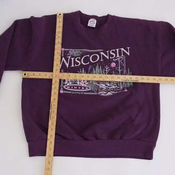 Vtg '90S Jerzees Wisconsin Winter Puff Print Purple Cotton Crew Neck Sweater XL - Picture 3 of 9